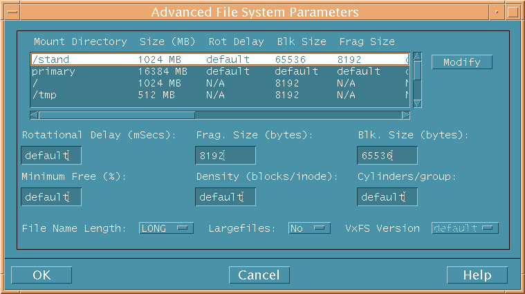 Advanced File System Parameters Dialog Box