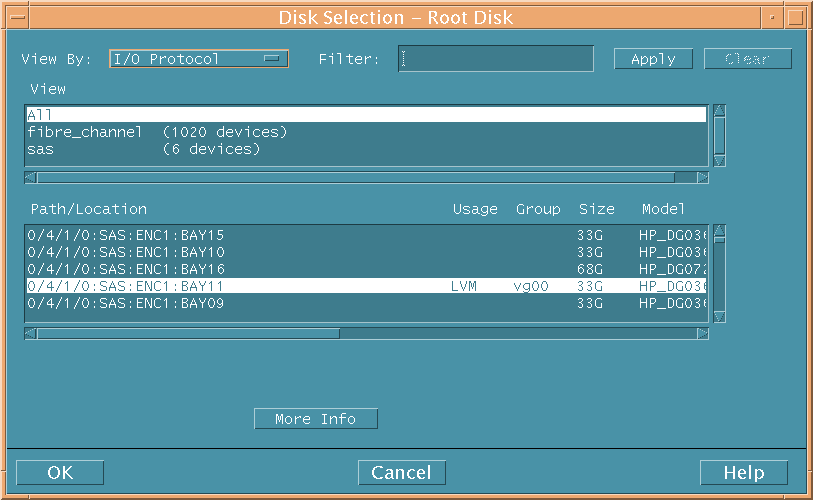 Disk Selection – Root Disk Dialog Box With Physical Locations