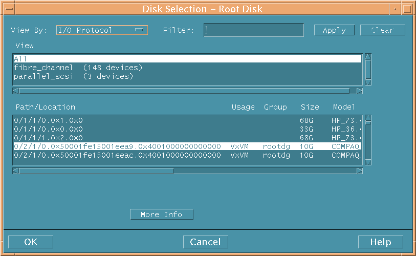 Disk Selection – Root Disk Dialog Box